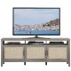 Gray universal TV stand with three cabinets and open shelf, suitable for TVs up to 65 inches, ideal for storage and.