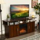 Walnut TV entertainment console featuring a central electric fireplace and a sleek design, ideal for modern home decor.