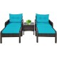 Two turquoise cushioned single sofas and two ottomans with a glass-top tea table, perfect for outdoor patio relaxation.