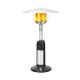 Portable tabletop propane patio heater in black with 11,000 BTU output, ideal for outdoor warmth and safety.