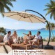 11 FT cantilever patio umbrella in beige with 360° rotation and tilt adjustment, perfect for outdoor gatherings.