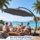 11 FT gray cantilever patio umbrella with 360° rotation and tilt adjustment, perfect for outdoor gatherings and shade.