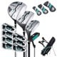 Complete 11-piece golf club set in green, featuring oversized driver, stainless steel irons, and durable golf bag.