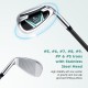 Close-up of #5, #6, #7, #8, #9, #P & #S stainless steel irons showcasing the non-slip grooved hitting surface.