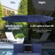 15-foot double-sided patio umbrella with solar-powered LED lights, providing shade and ambiance for outdoor dining.