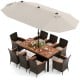 11-piece patio dining set featuring a large acacia wood table, 15 ft double-sided umbrella, and comfortable rattan.