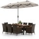 11-piece patio dining set featuring a 15 ft double-sided umbrella, hand-woven PE rattan, and acacia wood table for.