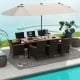 11-piece patio dining set featuring a 15-foot double-sided umbrella, PE rattan chairs, and acacia wood table for.