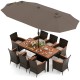 11-piece patio dining set featuring a large acacia wood table, stackable chairs, and a 15 ft double-sided umbrella.