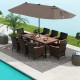 11-piece patio dining set featuring a large acacia wood tabletop and a 15-foot double-sided umbrella for outdoor.