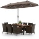 11-piece patio dining set featuring a 15 ft double-sided umbrella, hand-woven PE rattan, and acacia wood table for.