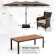 15-foot double-sided patio umbrella with a sturdy base, paired with a large acacia wood dining table and stackable.