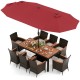 Patio dining set featuring a large acacia wood table, 11 chairs, and a 15 ft double-sided umbrella for outdoor.