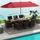 11-piece patio dining set featuring a 15-foot double-sided umbrella, hand-woven PE rattan, and acacia wood table for.