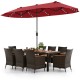 Patio dining set featuring 11 pieces with a 15 ft double-sided umbrella, crafted from PE rattan and acacia wood for.