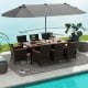 11-piece patio dining set featuring a large acacia wood table, soft cushions, and a 15-foot double-sided umbrella for.