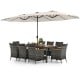 11-piece patio dining set featuring a large acacia wood table, 8 gray PE rattan chairs, and a 15 ft double-sided.