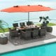 Patio dining set featuring 11 pieces with gray PE rattan, acacia wood table, and a 15 ft orange double-sided umbrella.