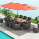 11-piece patio dining set featuring a large acacia wood table, 6 chairs, and a 15 ft orange double-sided umbrella.