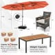 Patio dining set featuring a 15 ft double-sided umbrella, gray PE rattan chairs, and a large acacia wood tabletop for.