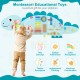 Dinosaur activity wall busy board for toddlers featuring 11 educational activities, promoting fine motor skills and.