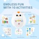 Owl activity wall busy board featuring 11 learning activities, including a magnetic number board and shoelace tying.