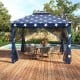 Blue 11 x 11 feet pop-up gazebo tent with star pattern, featuring mesh screens and a double vented roof for outdoor.