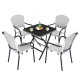 Set of 4 white stackable patio rattan dining chairs with armrests, perfect for outdoor use in garden or backyard.