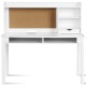 Kids study desk with hutch and bookshelves in white, featuring a cork bulletin board and two open drawers for storage.