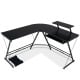 L-shaped black computer desk with removable monitor stand and pull-out keyboard tray, perfect for space-saving office.
