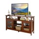 58-inch brown TV stand with 2 cabinets, open shelves, and space for up to 65" TVs, perfect for living room decor.