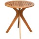 Round 27-inch solid wood bistro table with X-shaped legs, varnished for waterproofing, ideal for outdoor and indoor use.
