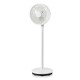 9-inch portable oscillating pedestal floor fan in white with adjustable height, 3 speeds, and remote control for home.