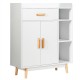 Free-standing white storage cabinet with rubberwood legs, featuring a drawer, double-door cabinet, and three open.