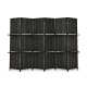 Black 6-panel folding room divider featuring hand-woven fiber design and two shelves, ideal for stylish room separation.