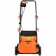 Electric scarifier with collection bag, 12 Amp motor, and adjustable depth for efficient lawn care in orange.