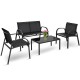 4-piece black patio furniture set featuring a loveseat, 2 single sofas, and a glass top coffee table for outdoor.