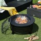 Outdoor fire pit with BBQ grill, high-temp finish, and mesh cover, perfect for backyard gatherings and easy maintenance.