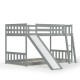 Twin over twin gray wooden bunk bed with slide and ladder, designed for kids' safety and fun in small spaces.