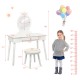 White vanity makeup table and chair set with a mirror, drawer, and cushioned stool, perfect for kids' bedrooms or.
