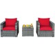 3-piece patio rattan furniture set with red cushioned sofas and glass-top table, perfect for outdoor relaxation.