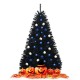 Black 6 feet hinged artificial Halloween Christmas tree with blue and white ornaments, surrounded by pumpkins and.