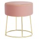 Round pink velvet footrest stool with gold metal frame, ideal for bedside use and versatile home decor.