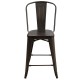 Industrial metal counter stool with removable backrest, solid steel and elmwood seat, ideal for kitchens and pubs.