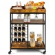 3-tier wood rolling kitchen serving cart in rustic brown with wine rack, glass holders, and ample storage space.