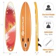 Inflatable stand-up paddle board in orange with non-slip deck, ideal for water activities like yoga and fishing.