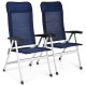 Single blue patio dining chair with a soft sponge-filled pillow and 7-level adjustable backrest for outdoor comfort.