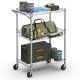 Rolling utility cart with three tiers and a handle bar, perfect for organizing tools or supplies in any workspace.