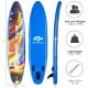 Inflatable stand-up paddle board in blue with non-slip deck, suitable for water activities, includes paddle and.