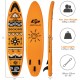 Inflatable stand-up paddle board in orange with non-slip deck, suitable for water activities like yoga and fishing.